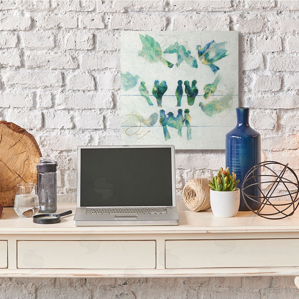 Ruth Fromstein Birds on Clothes Line Swirling Blue Green Pattern Canvas Wall Art in Room