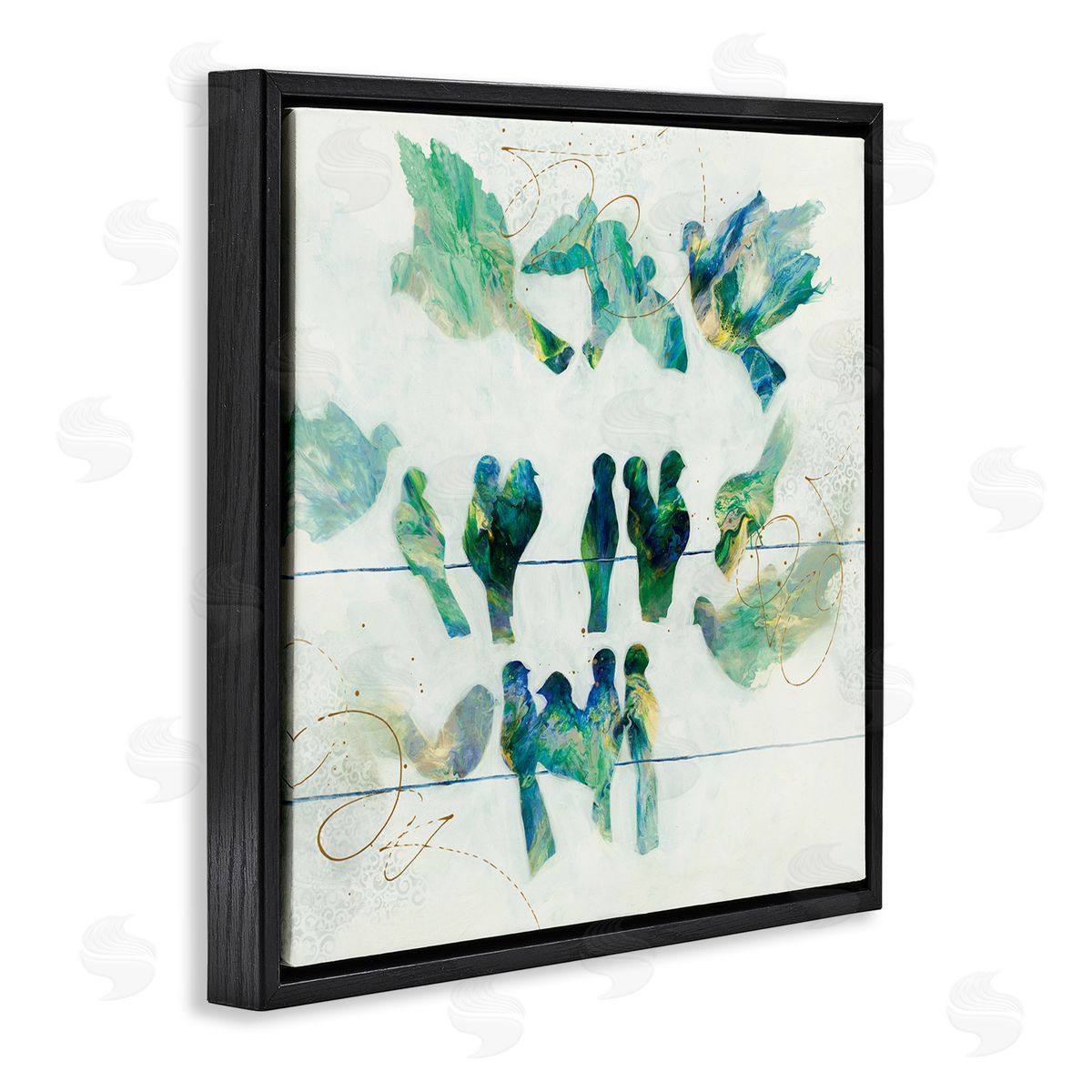 Ruth Fromstein Birds on Clothes Line Swirling Blue Green Pattern Black Floating Frame Canvas Wall Art Print