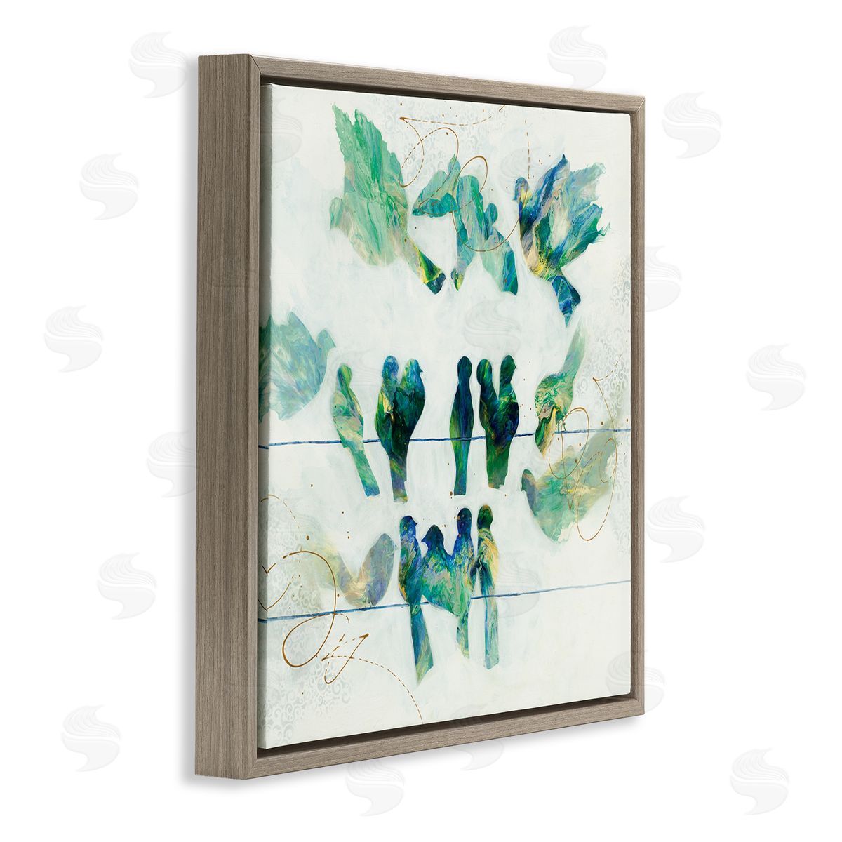 Ruth Fromstein Birds on Clothes Line Swirling Blue Green Pattern Brown Floating Frame Canvas Wall Art Print