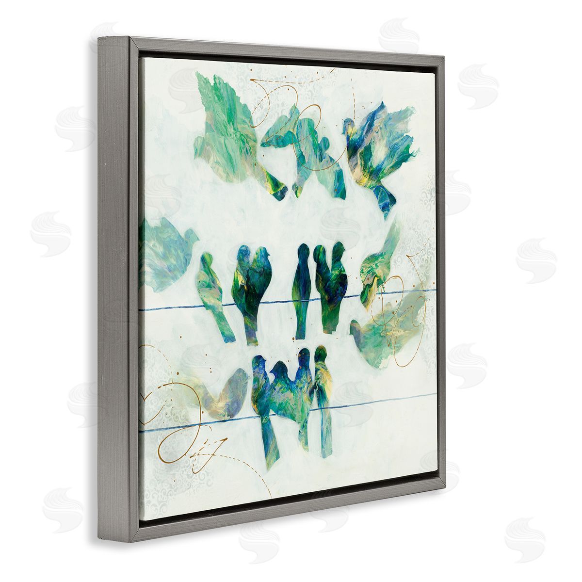 Ruth Fromstein Birds on Clothes Line Swirling Blue Green Pattern Gray Floating Frame Canvas Wall Art Print