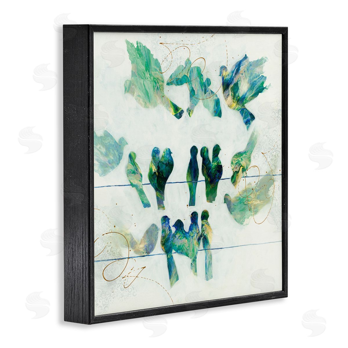 Ruth Fromstein Birds on Clothes Line Swirling Blue Green Pattern Black Framed Glicee Wall Art Print