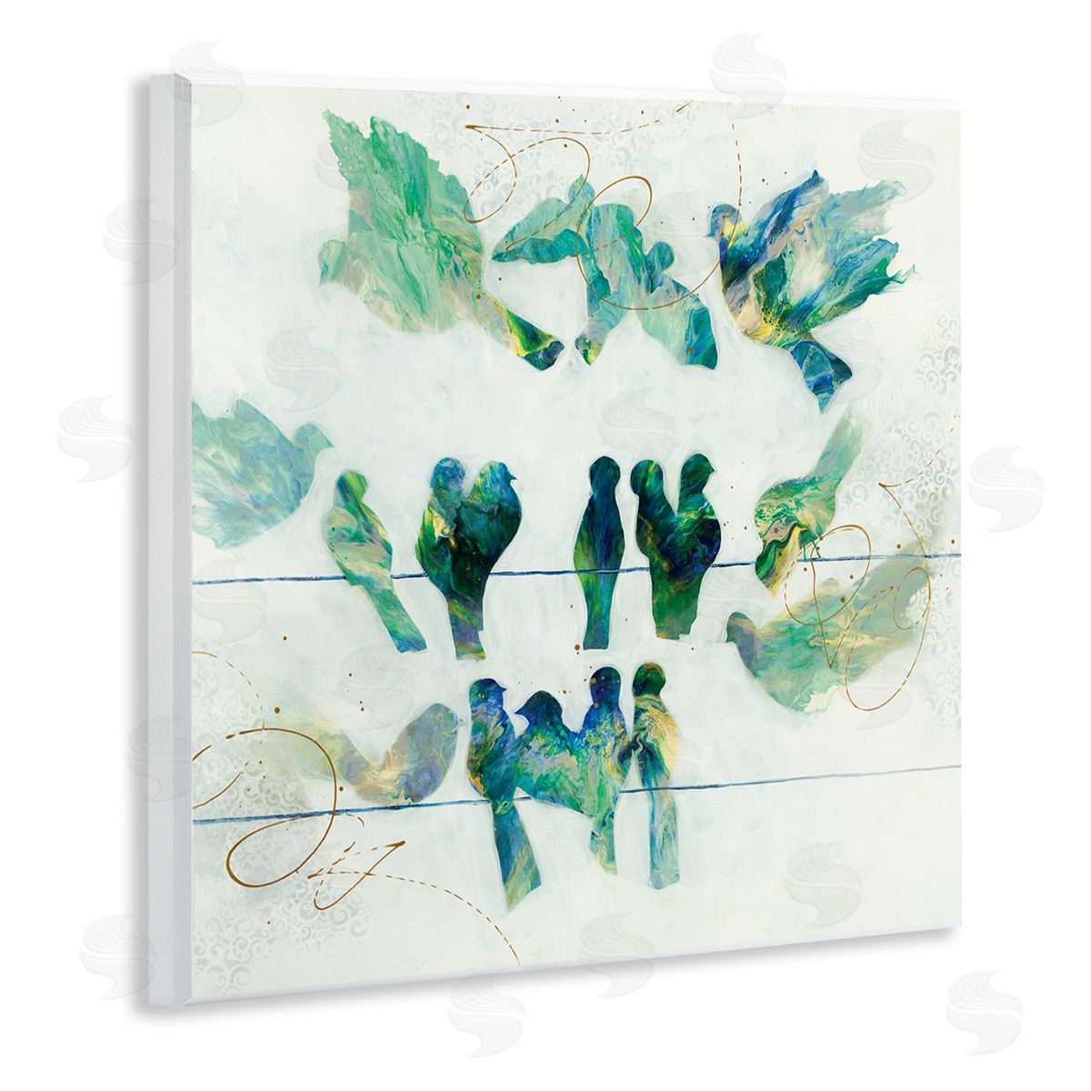 Ruth Fromstein Birds on Clothes Line Swirling Blue Green Pattern Wooden Wall Plaque Art Print