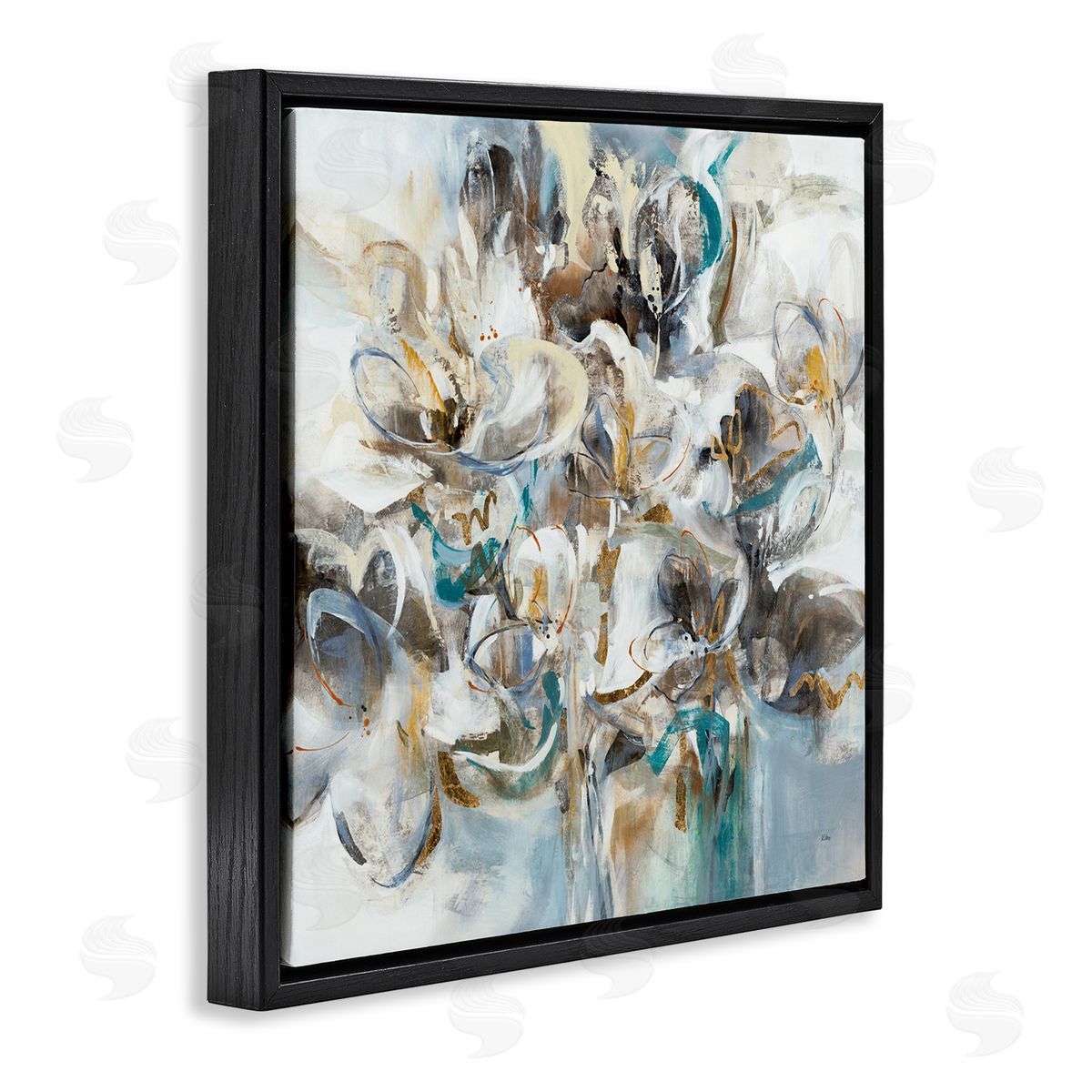 K. Nari Floral Abstraction Bouquet of White Flowers Black Floating Frame Canvas Wall Art Print