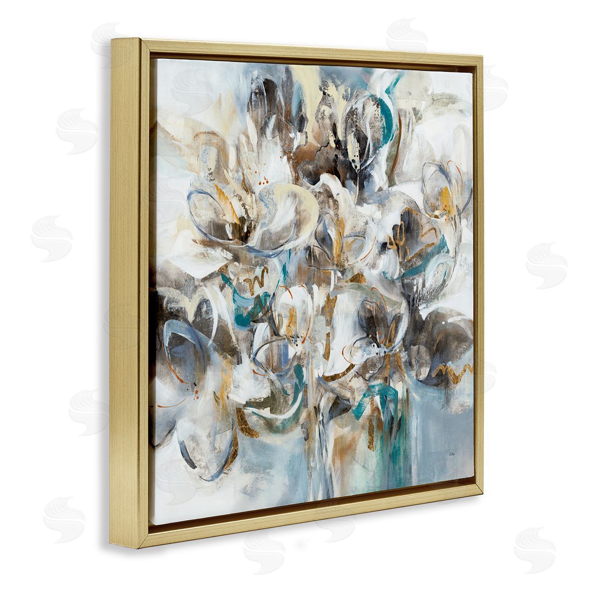 K. Nari Floral Abstraction Bouquet of White Flowers Gold Floating Frame Canvas Wall Art Print