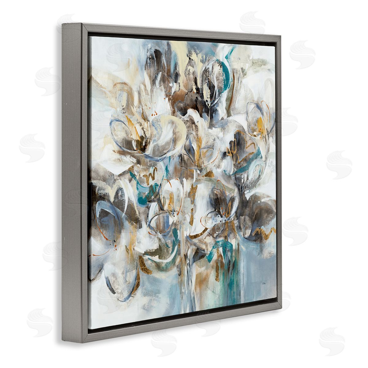K. Nari Floral Abstraction Bouquet of White Flowers Gray Floating Frame Canvas Wall Art Print