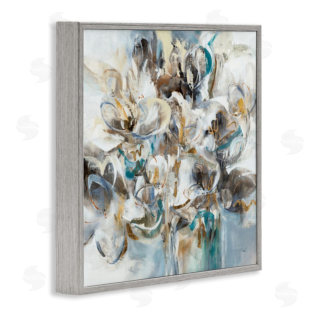 K. Nari Floral Abstraction Bouquet of White Flowers Gray Framed Glicee Wall Art Print