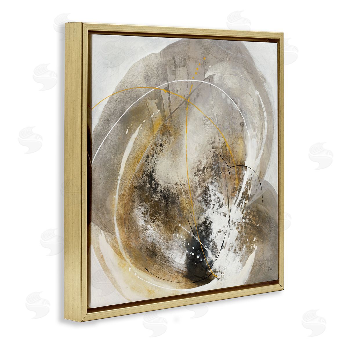 K. Nari Abstract Swirling Brush Strokes Black White Grey Gold Floating Frame Canvas Wall Art Print