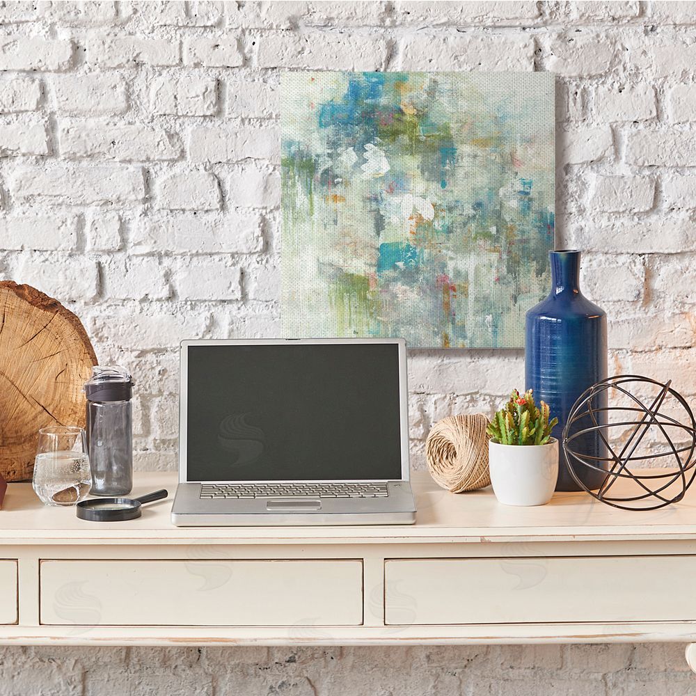 Lisa Ridgers Modern Earth Tone Abstraction Busy Blue Green Canvas Wall Art in Room