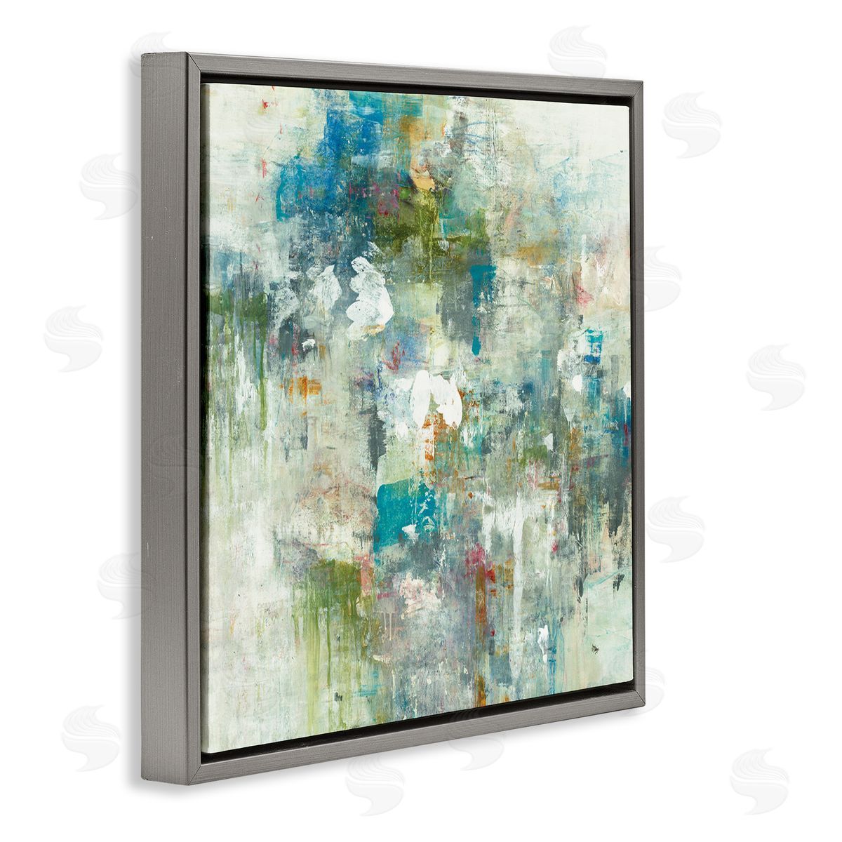 Lisa Ridgers Modern Earth Tone Abstraction Busy Blue Green Gray Floating Frame Canvas Wall Art Print