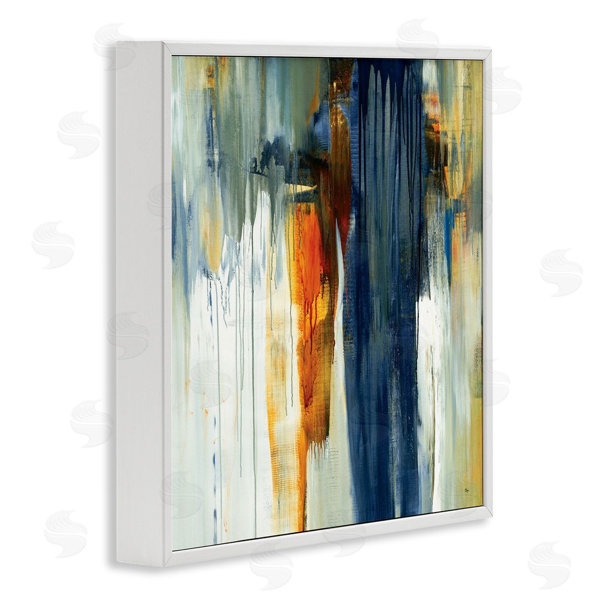 Lisa Ridgers Cascading Blue Green Orange Paint Abstraction White Framed Glicee Wall Art Print