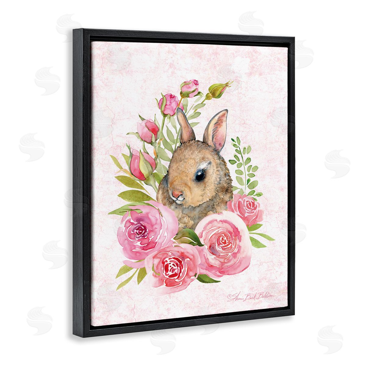 Sherri Buck Baldwin Cute Bunny Rabbit Pink Blooming Rose Flowers