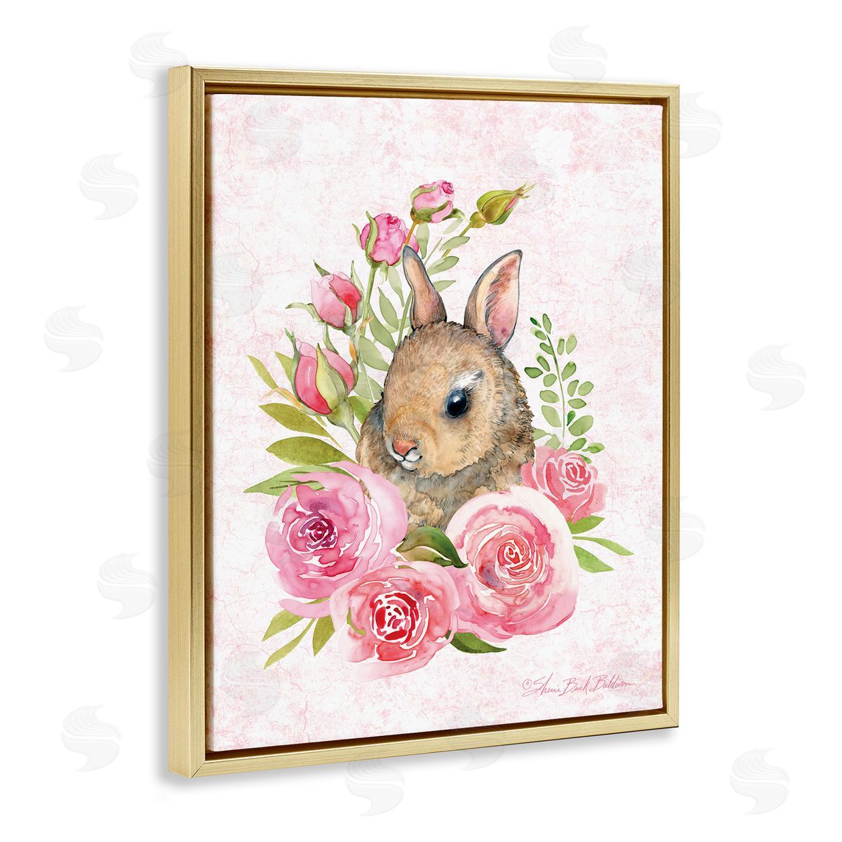 Sherri Buck Baldwin Cute Bunny Rabbit Pink Blooming Rose Flowers