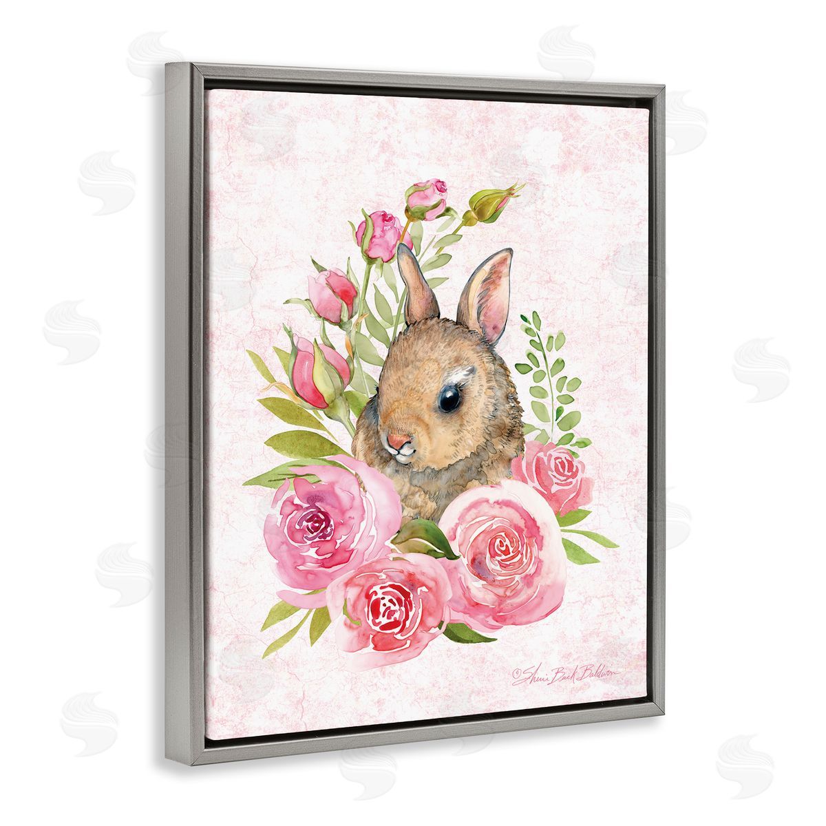 Sherri Buck Baldwin Cute Bunny Rabbit Pink Blooming Rose Flowers