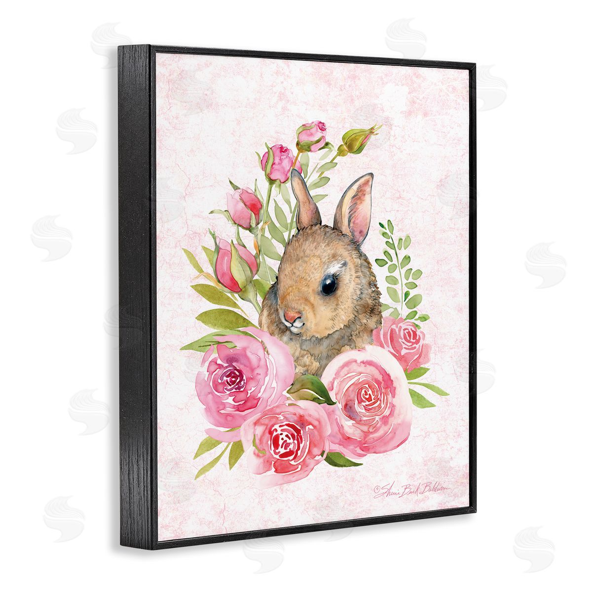 Sherri Buck Baldwin Cute Bunny Rabbit Pink Blooming Rose Flowers