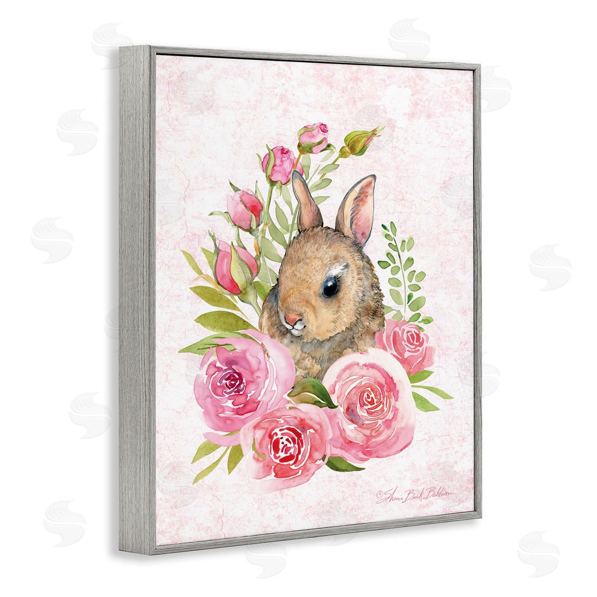Sherri Buck Baldwin Cute Bunny Rabbit Pink Blooming Rose Flowers