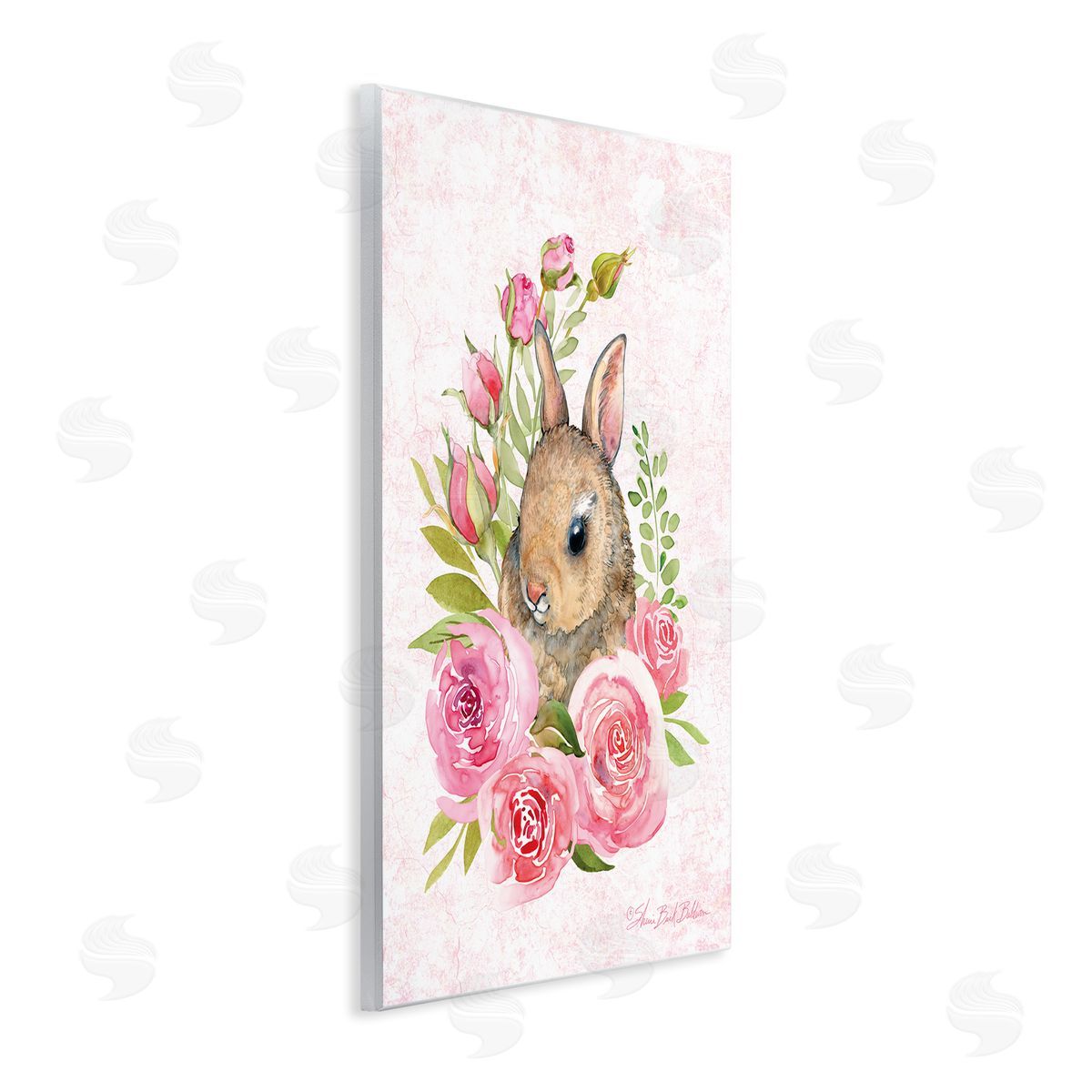 Sherri Buck Baldwin Cute Bunny Rabbit Pink Blooming Rose Flowers