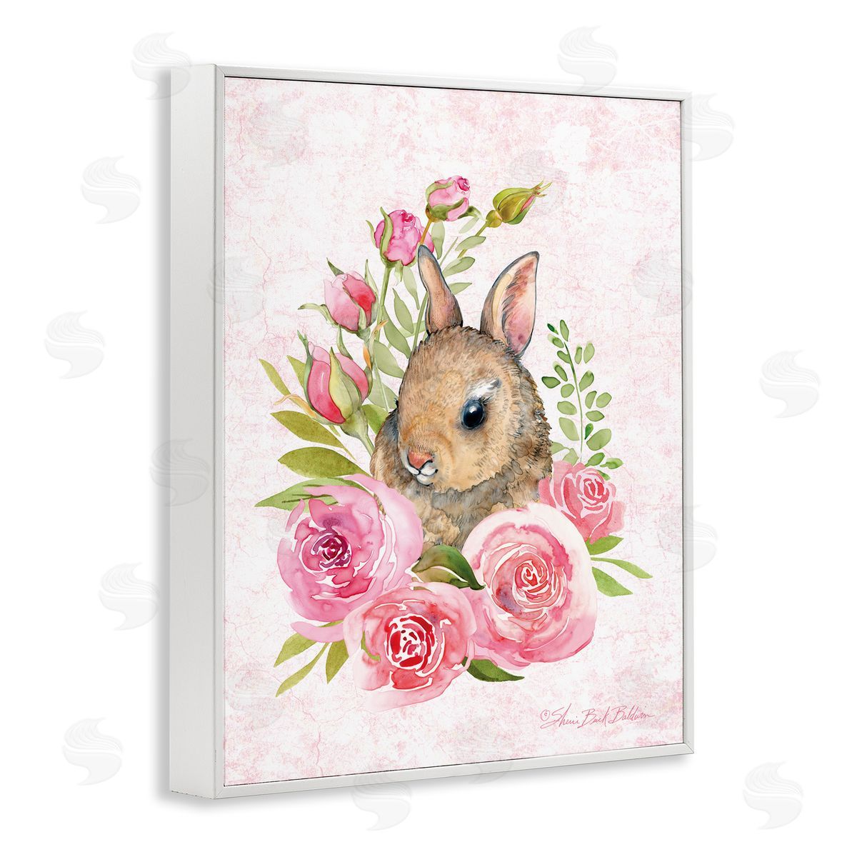Sherri Buck Baldwin Cute Bunny Rabbit Pink Blooming Rose Flowers