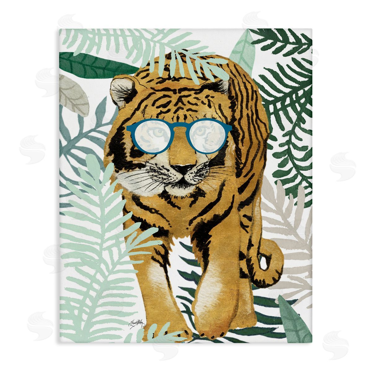 Elizabeth Medley Funny Tiger Wearing Glasses Green Fern Leaf Plants