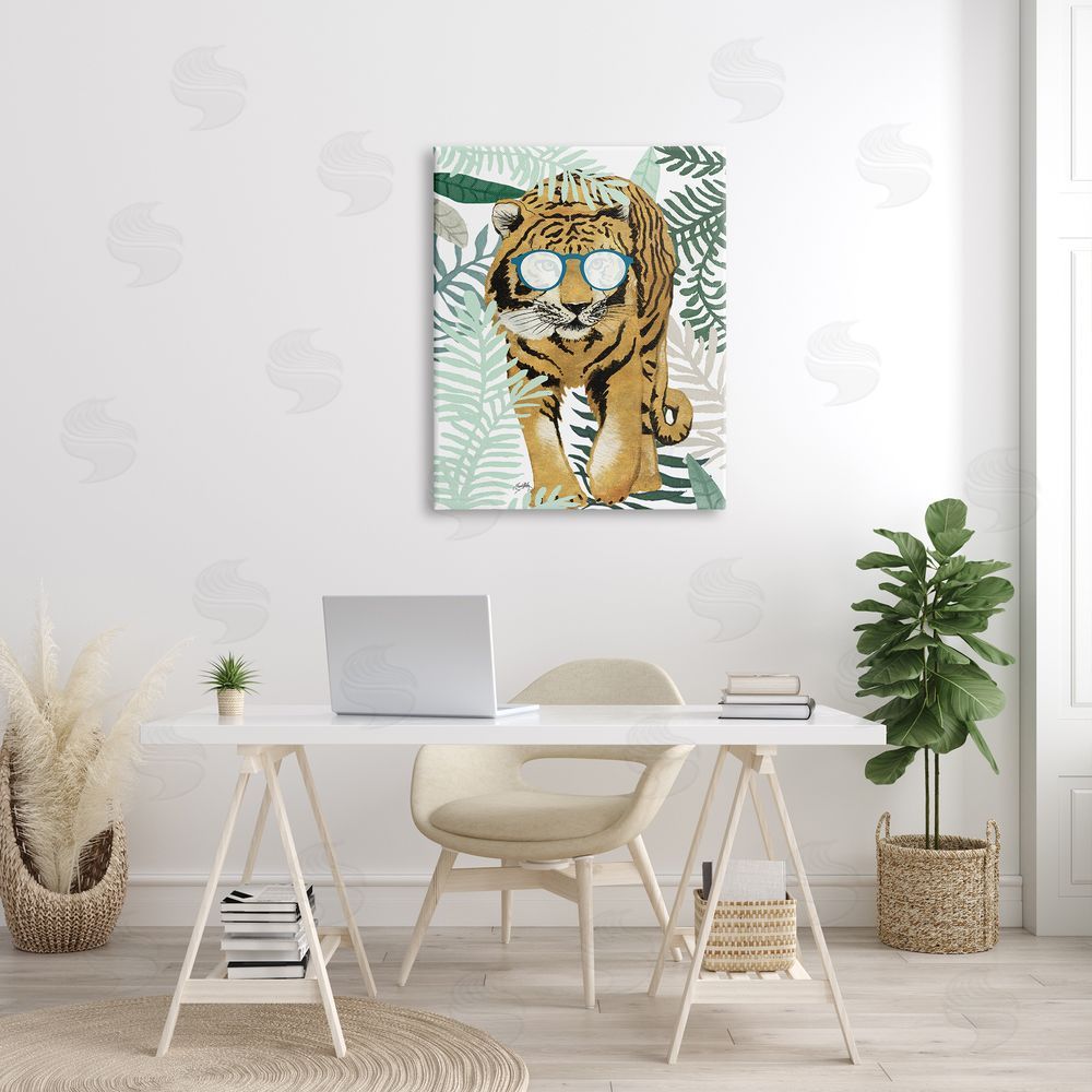 Elizabeth Medley Funny Tiger Wearing Glasses Green Fern Leaf Plants