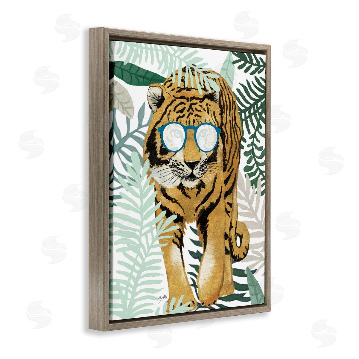 Elizabeth Medley Funny Tiger Wearing Glasses Green Fern Leaf Plants