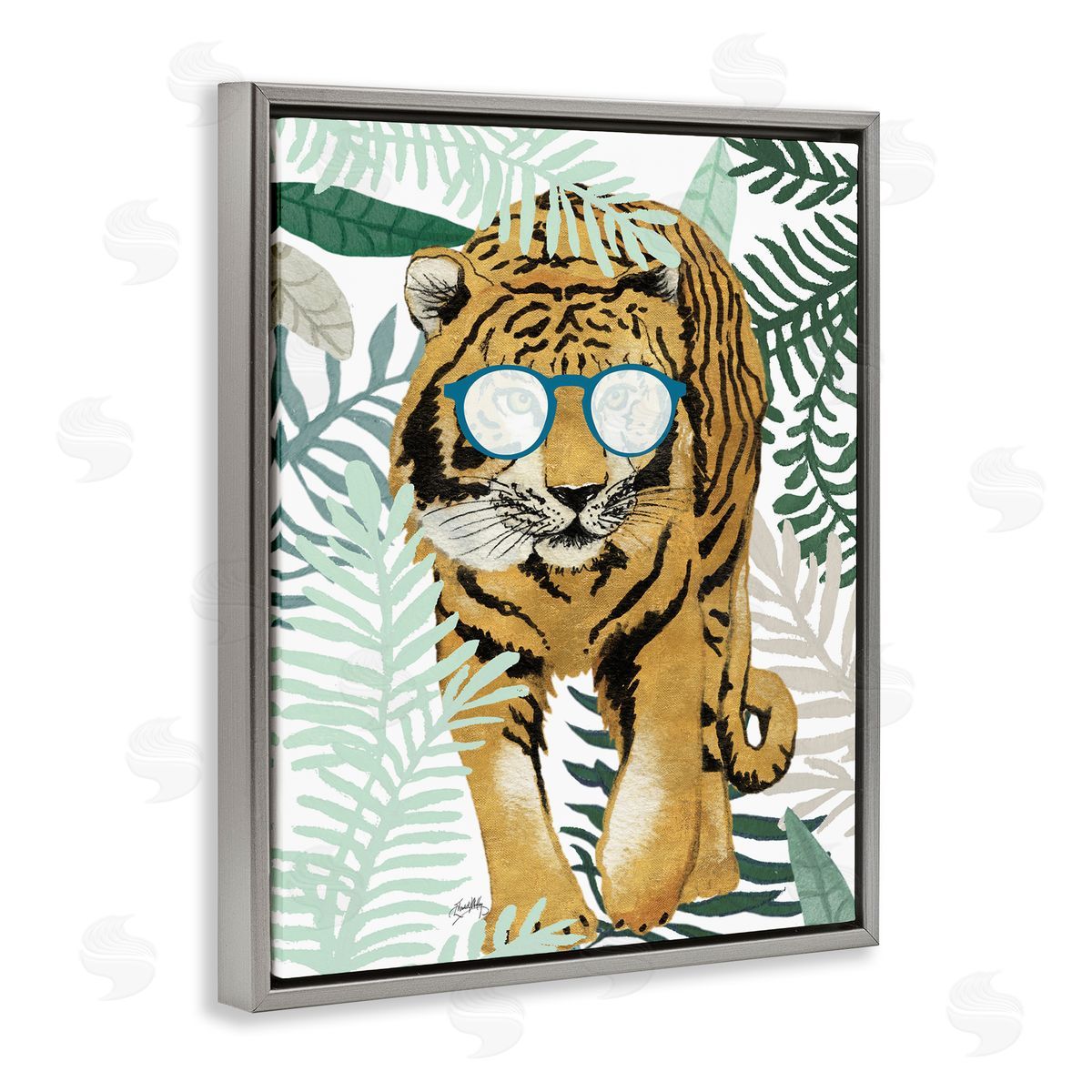 Elizabeth Medley Funny Tiger Wearing Glasses Green Fern Leaf Plants