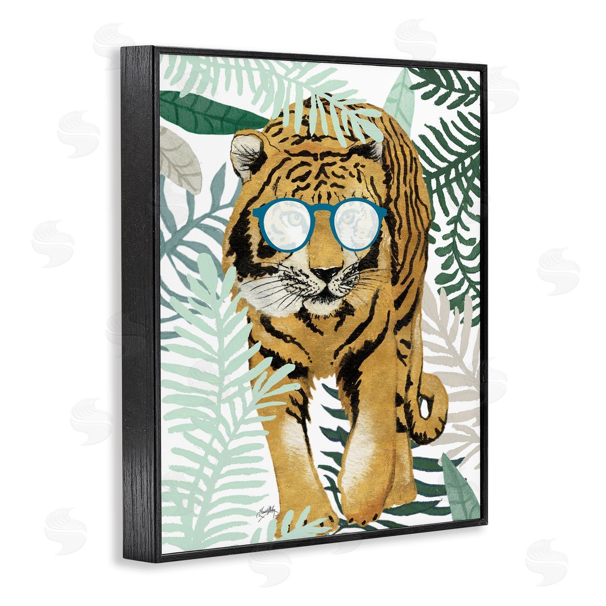 Elizabeth Medley Funny Tiger Wearing Glasses Green Fern Leaf Plants