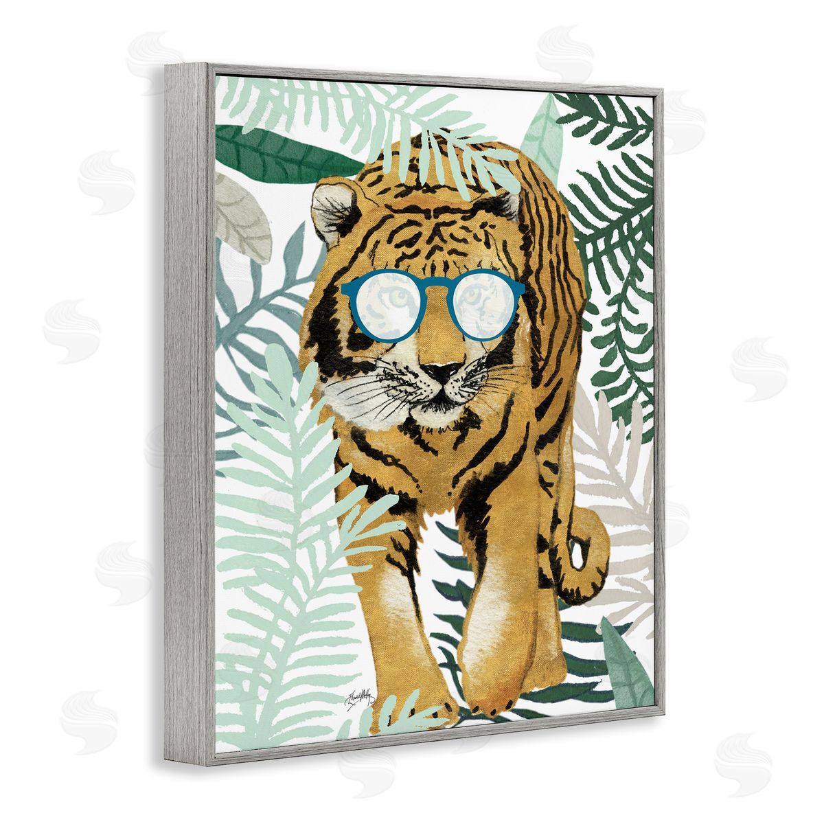 Elizabeth Medley Funny Tiger Wearing Glasses Green Fern Leaf Plants