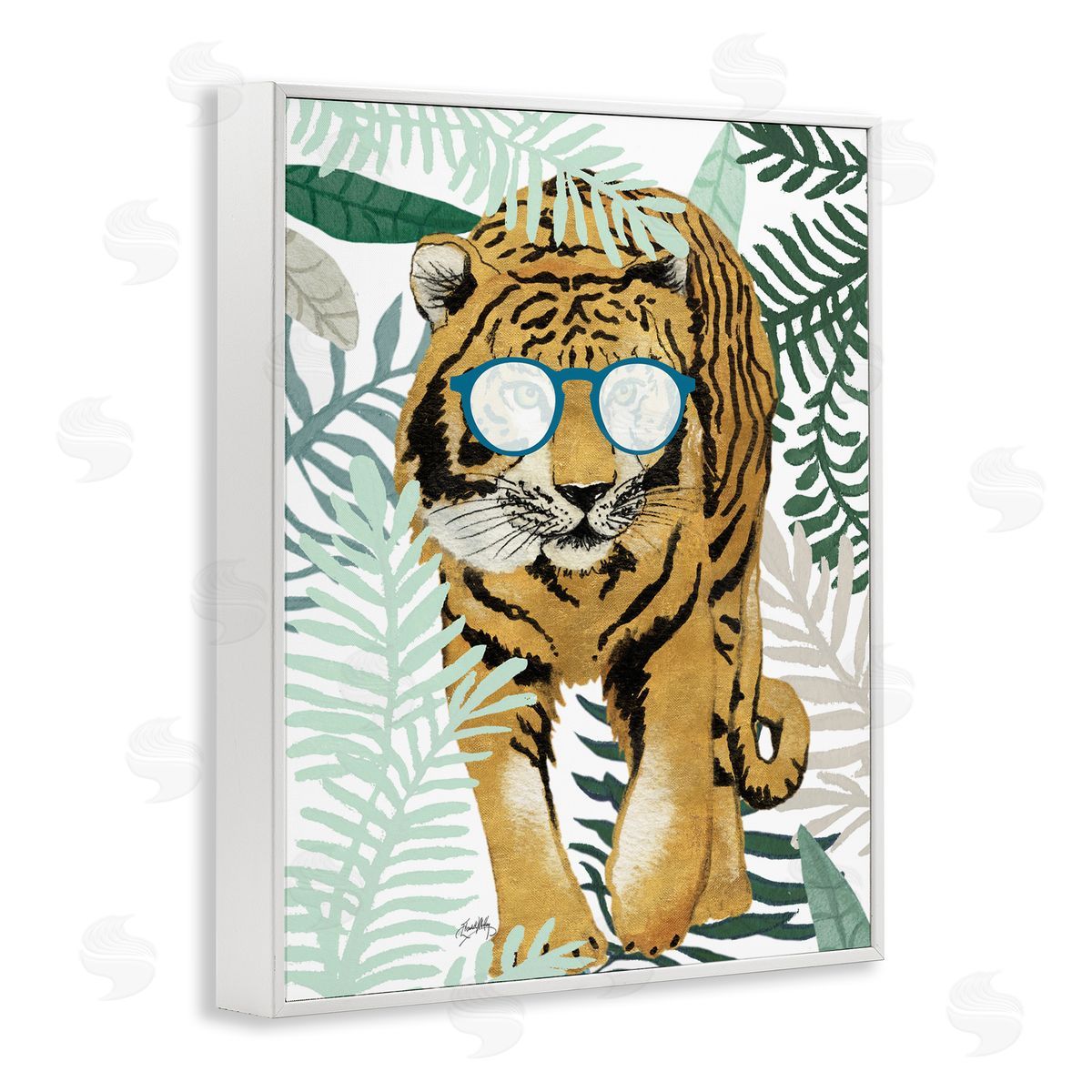 Elizabeth Medley Funny Tiger Wearing Glasses Green Fern Leaf Plants