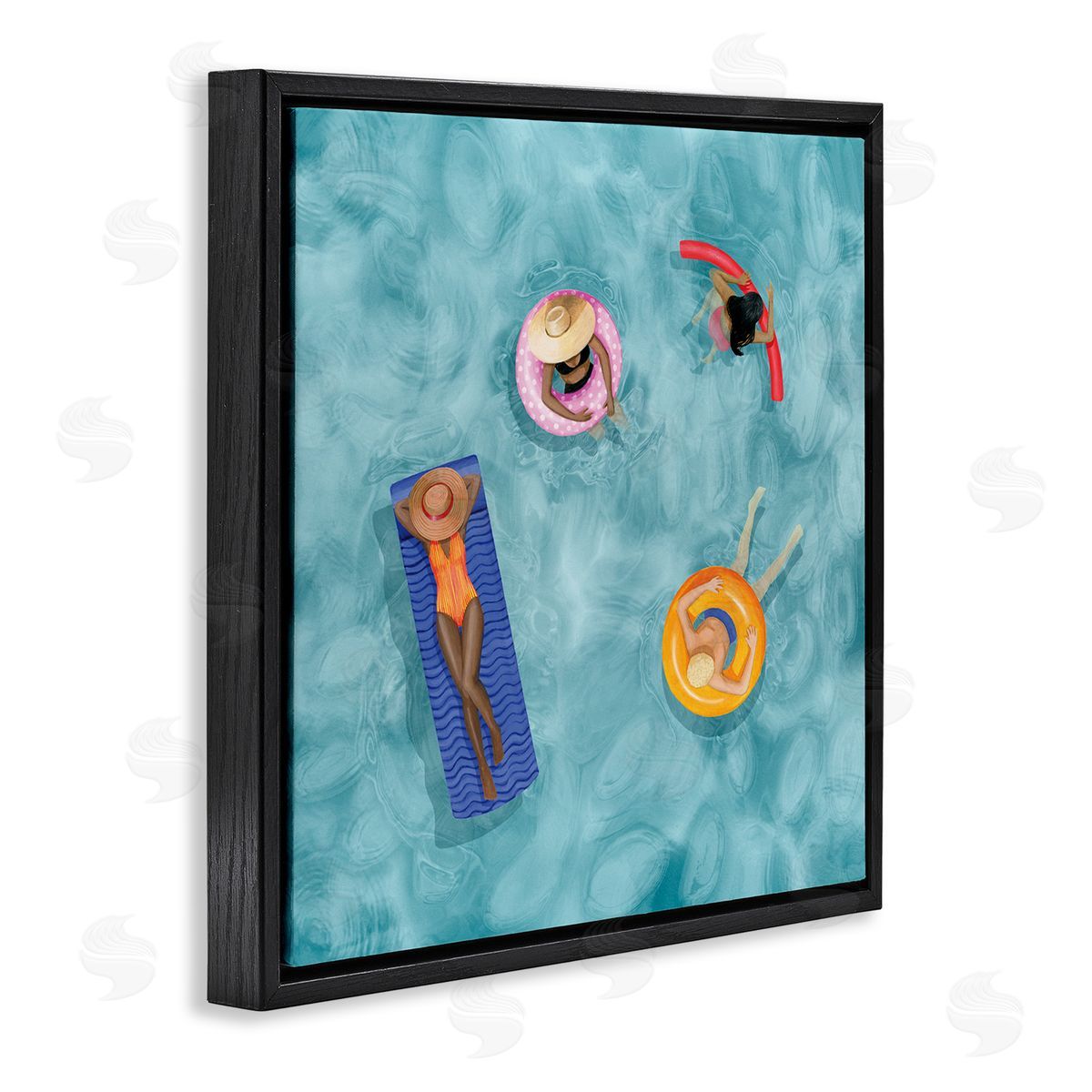 Grace Popp Group of People Lounging In Water Pool Toys Black Floating Frame Canvas Wall Art Print