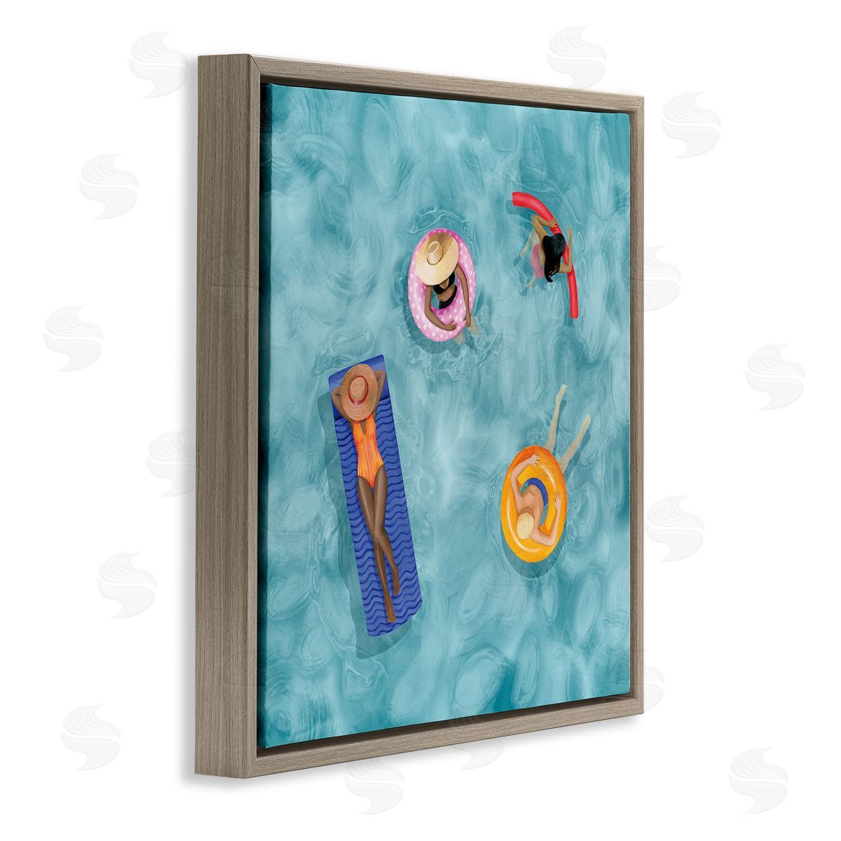 Grace Popp Group of People Lounging In Water Pool Toys Brown Floating Frame Canvas Wall Art Print
