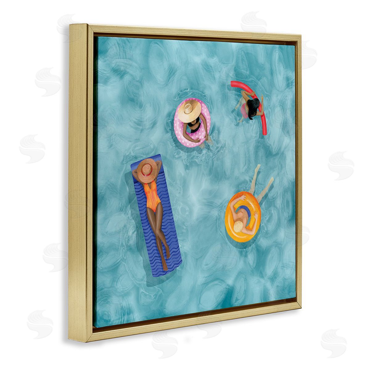 Grace Popp Group of People Lounging In Water Pool Toys Gold Floating Frame Canvas Wall Art Print