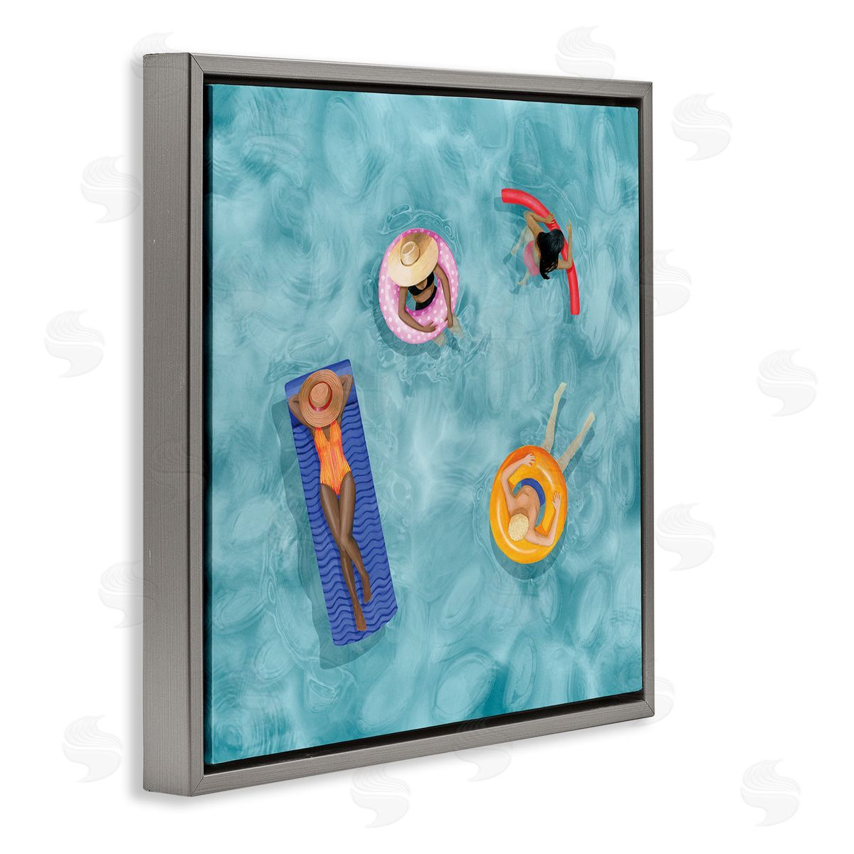Grace Popp Group of People Lounging In Water Pool Toys Gray Floating Frame Canvas Wall Art Print