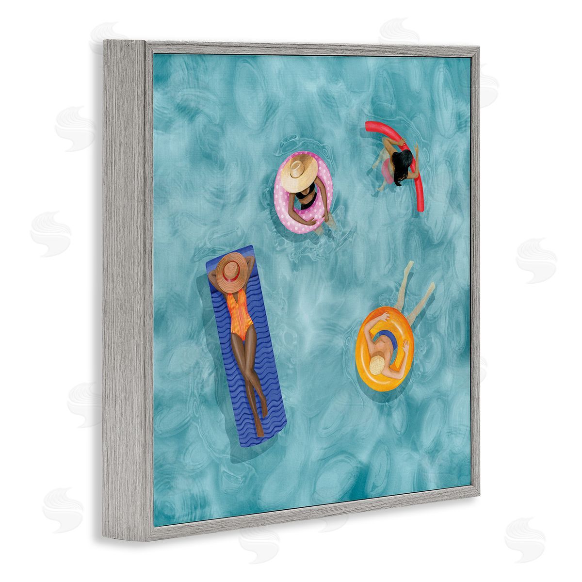 Grace Popp Group of People Lounging In Water Pool Toys Gray Framed Glicee Wall Art Print
