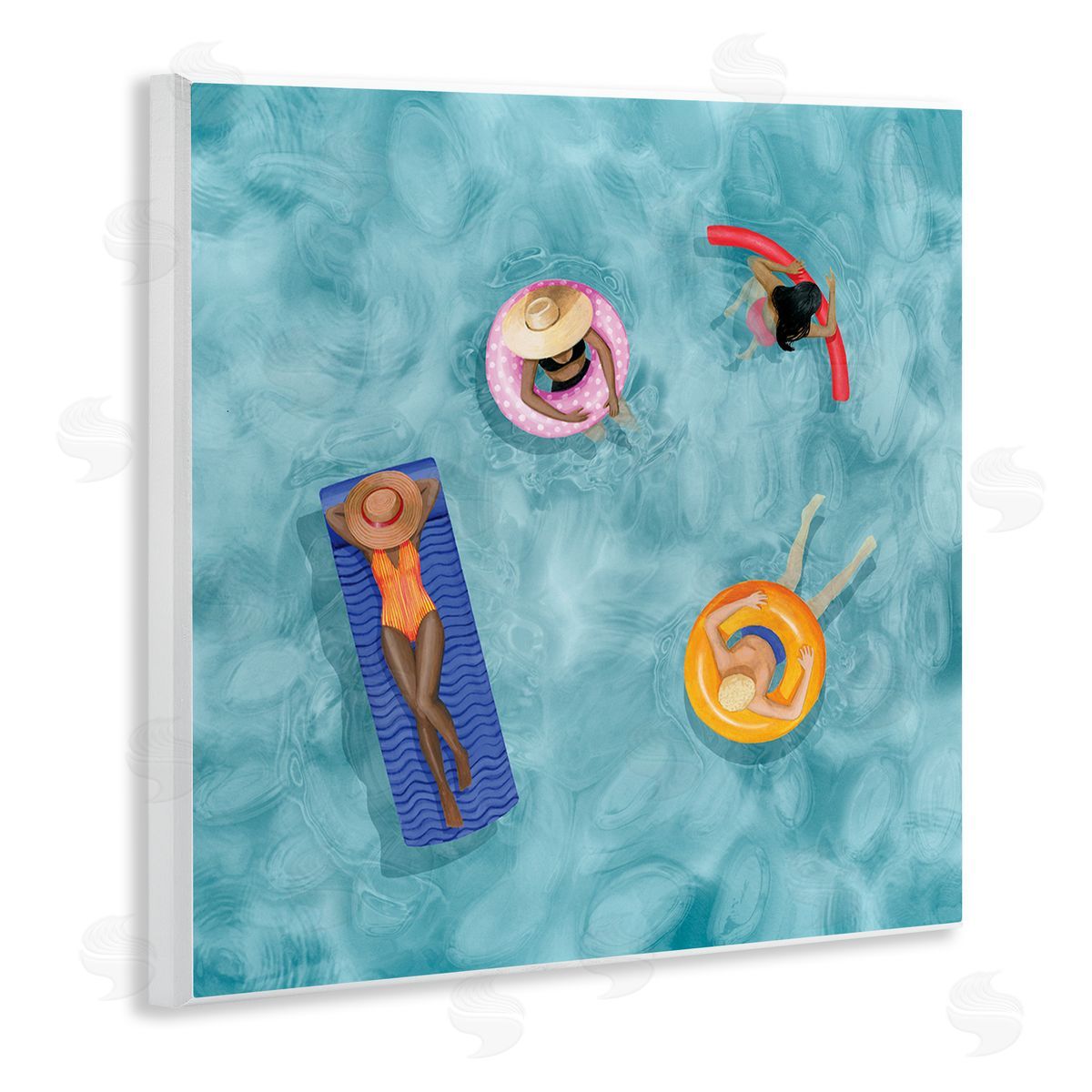 Grace Popp Group of People Lounging In Water Pool Toys Wooden Wall Plaque Art Print