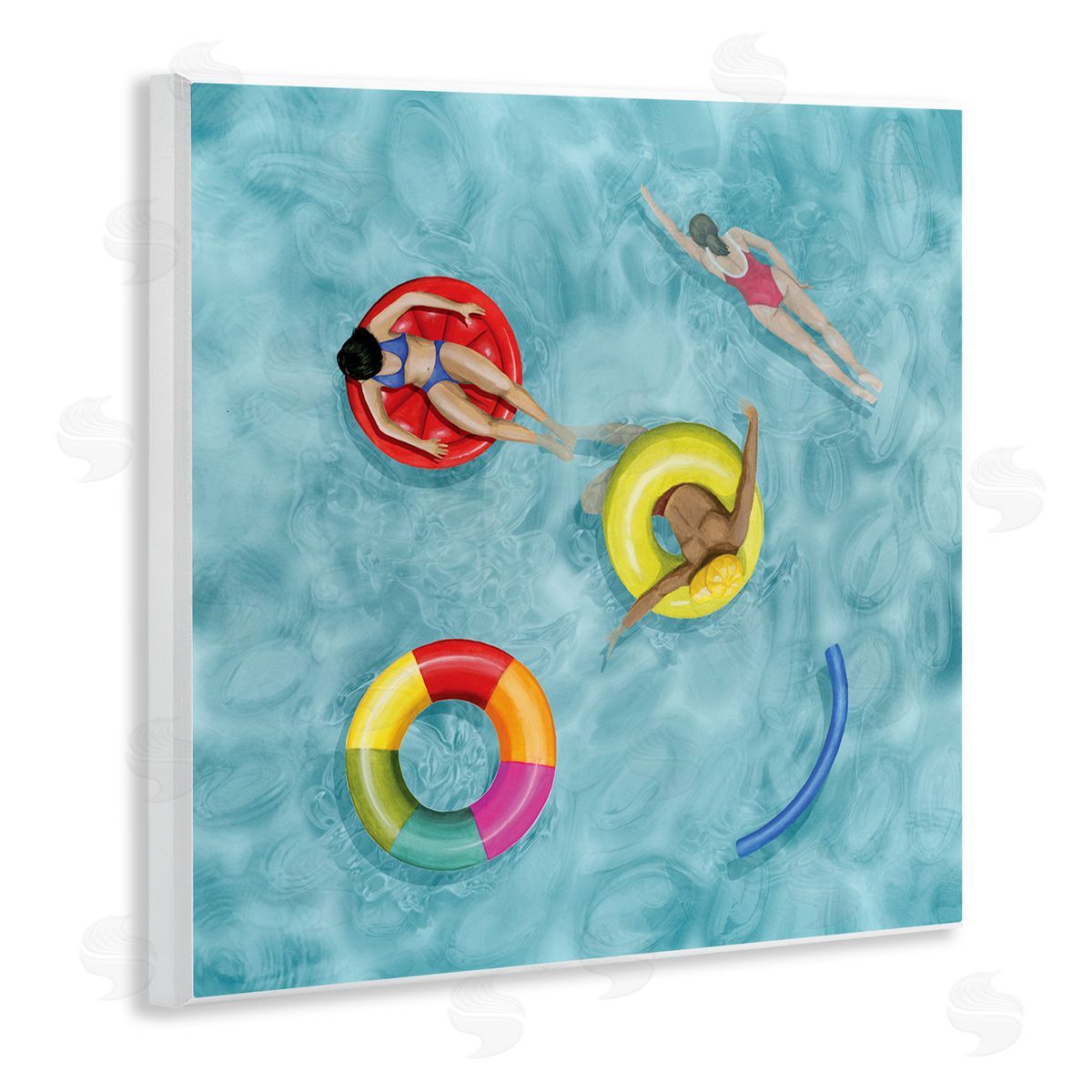 Grace Popp Swimmers In Pool Inner Tube Cool Blue Water Wooden Wall Plaque Art Print