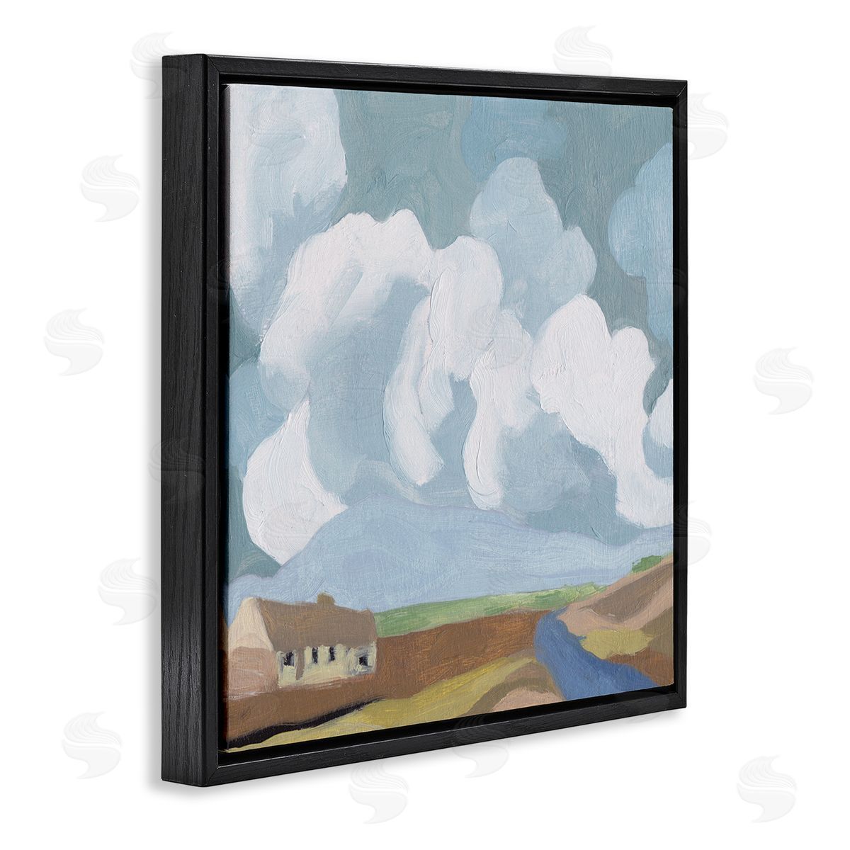 Melissa Wang Quaint Farmhouse Abstract Cloudy Sky Country Meadow Black Floating Frame Canvas Wall Art Print