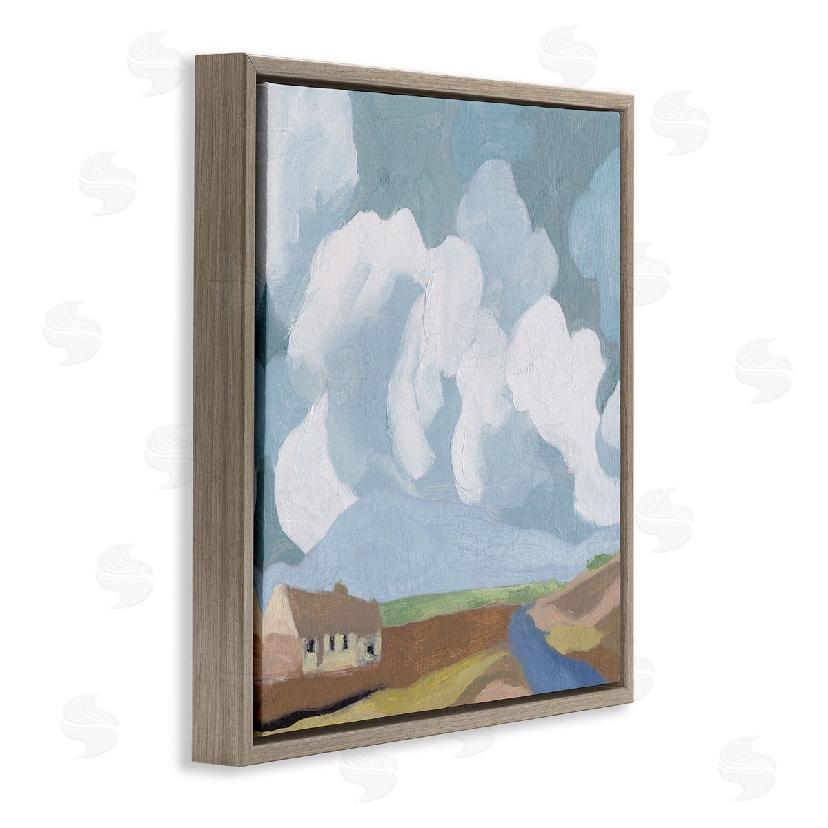 Melissa Wang Quaint Farmhouse Abstract Cloudy Sky Country Meadow Brown Floating Frame Canvas Wall Art Print