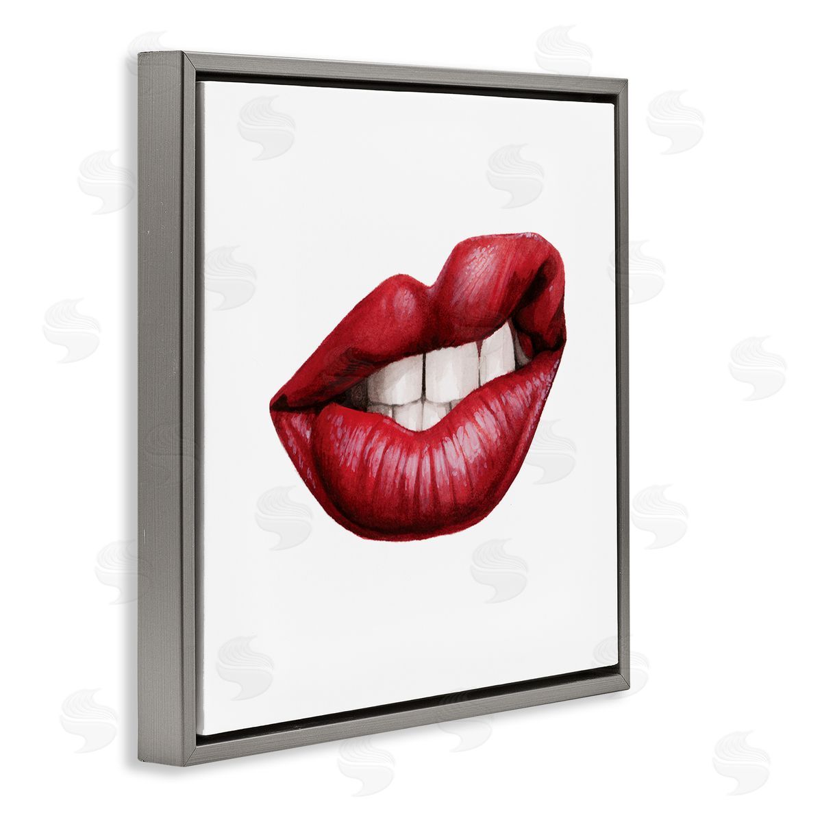 Grace Popp Sneering Lips Bold Emotion Red Lipstick Teeth Gray Floating Frame Canvas Wall Art Print
