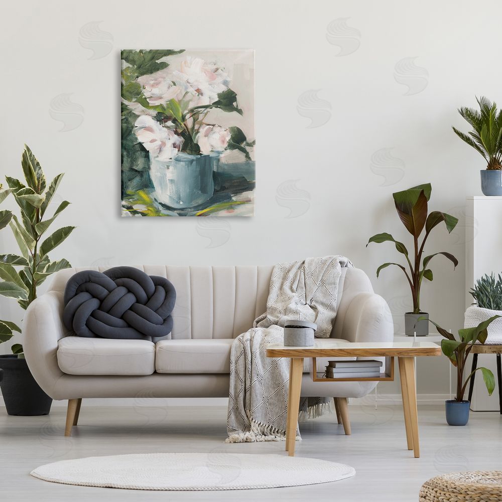 Jane Slivka Impressionist Potted Flowers Green Leaves Pink Petals