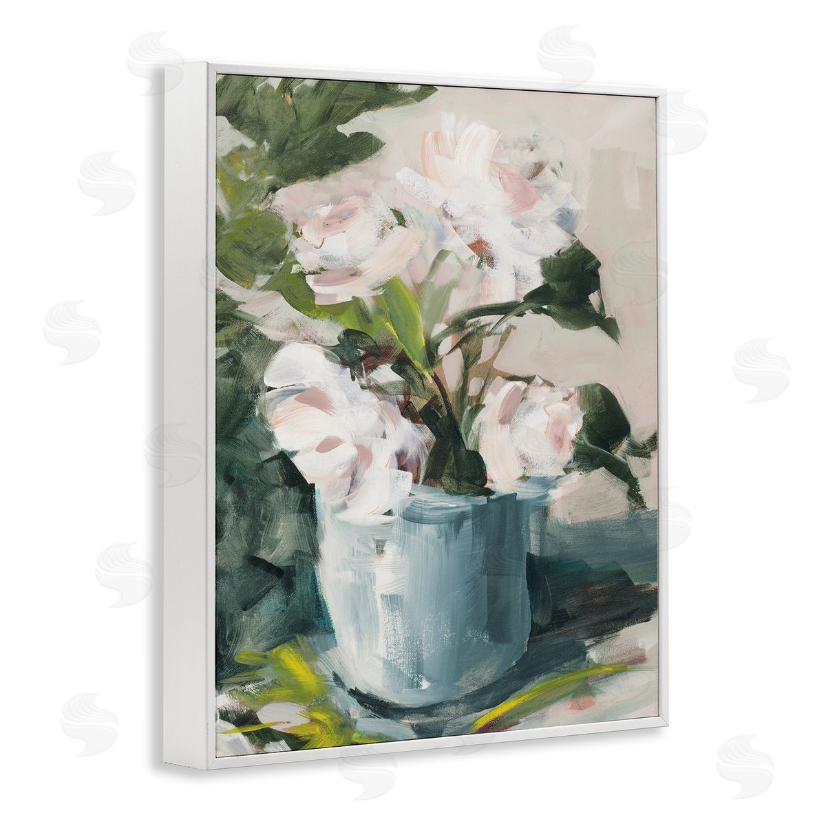 Jane Slivka Impressionist Potted Flowers Green Leaves Pink Petals