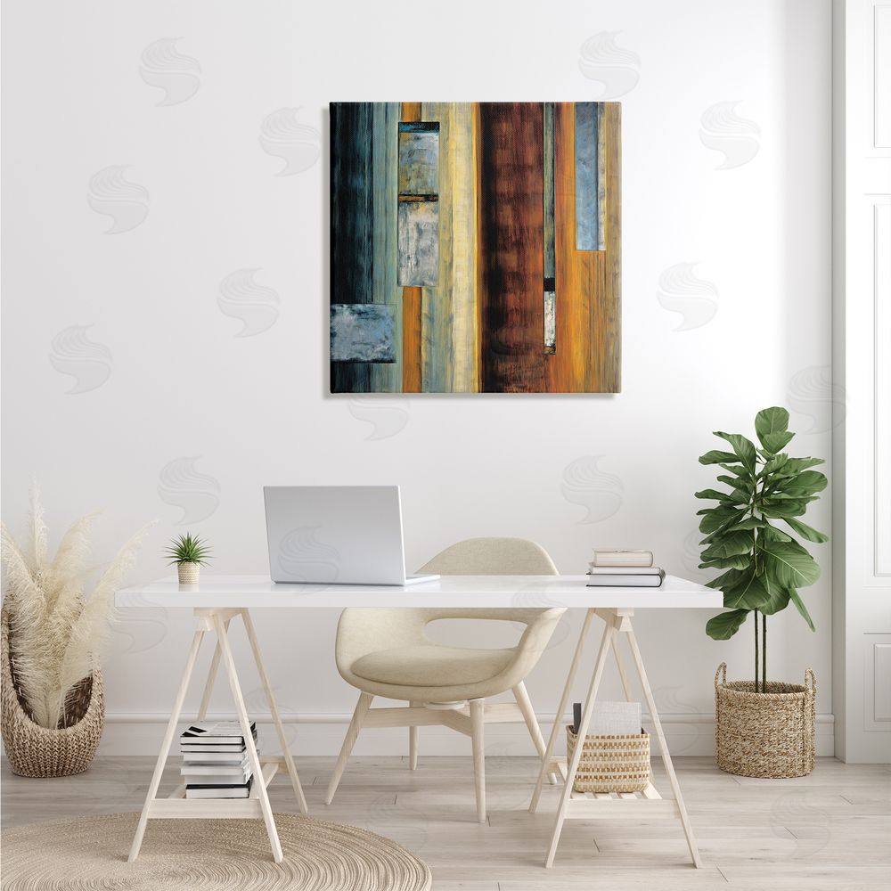 Aaron Summers Rustic Rectangular Abstraction Brown Orange Blue Canvas Wall Art in Room