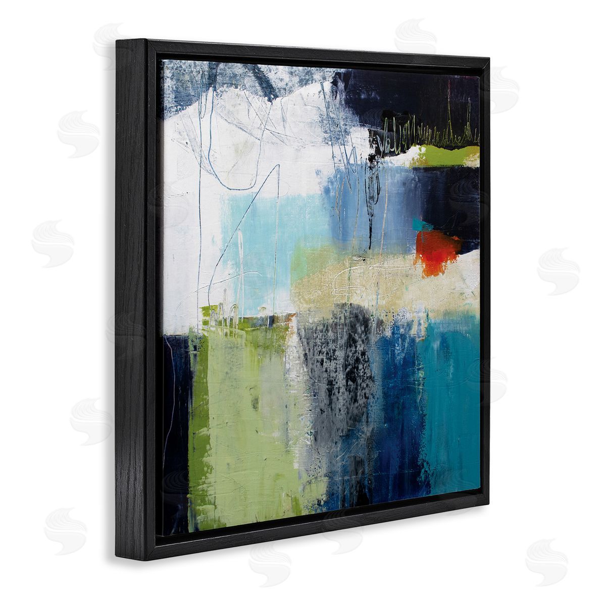 Pamela K. Beer Abstract Collage of Chaotic Shapes Blue Green Black Floating Frame Canvas Wall Art Print