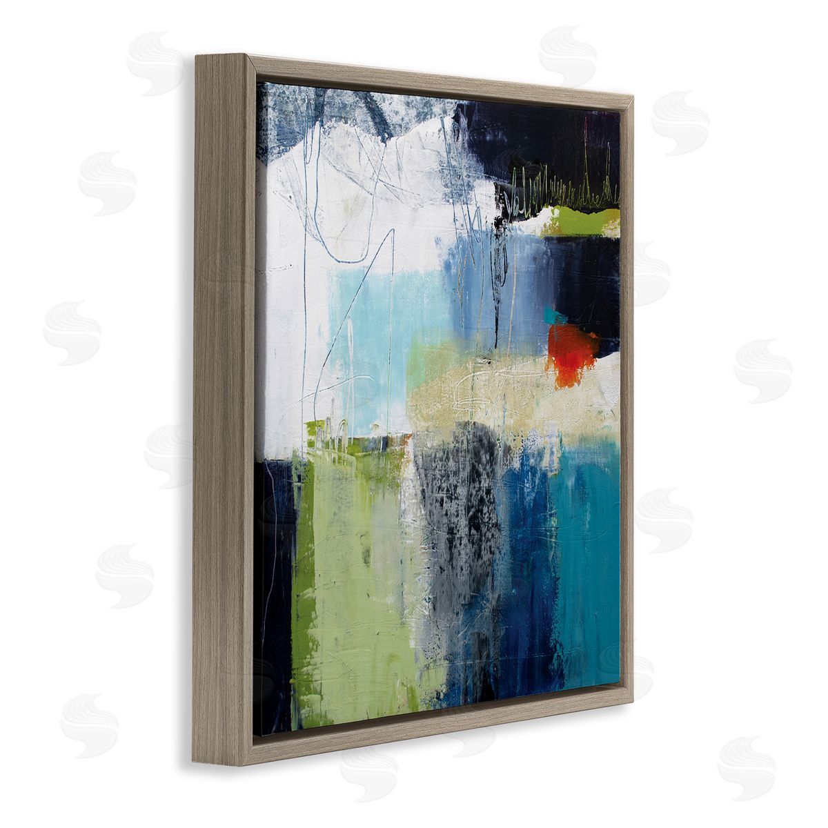 Pamela K. Beer Abstract Collage of Chaotic Shapes Blue Green Brown Floating Frame Canvas Wall Art Print
