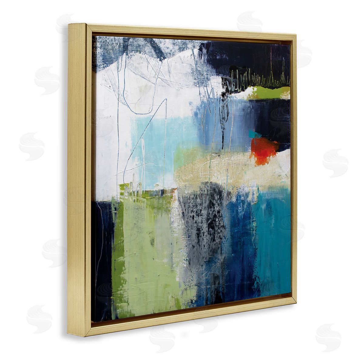 Pamela K. Beer Abstract Collage of Chaotic Shapes Blue Green Gold Floating Frame Canvas Wall Art Print