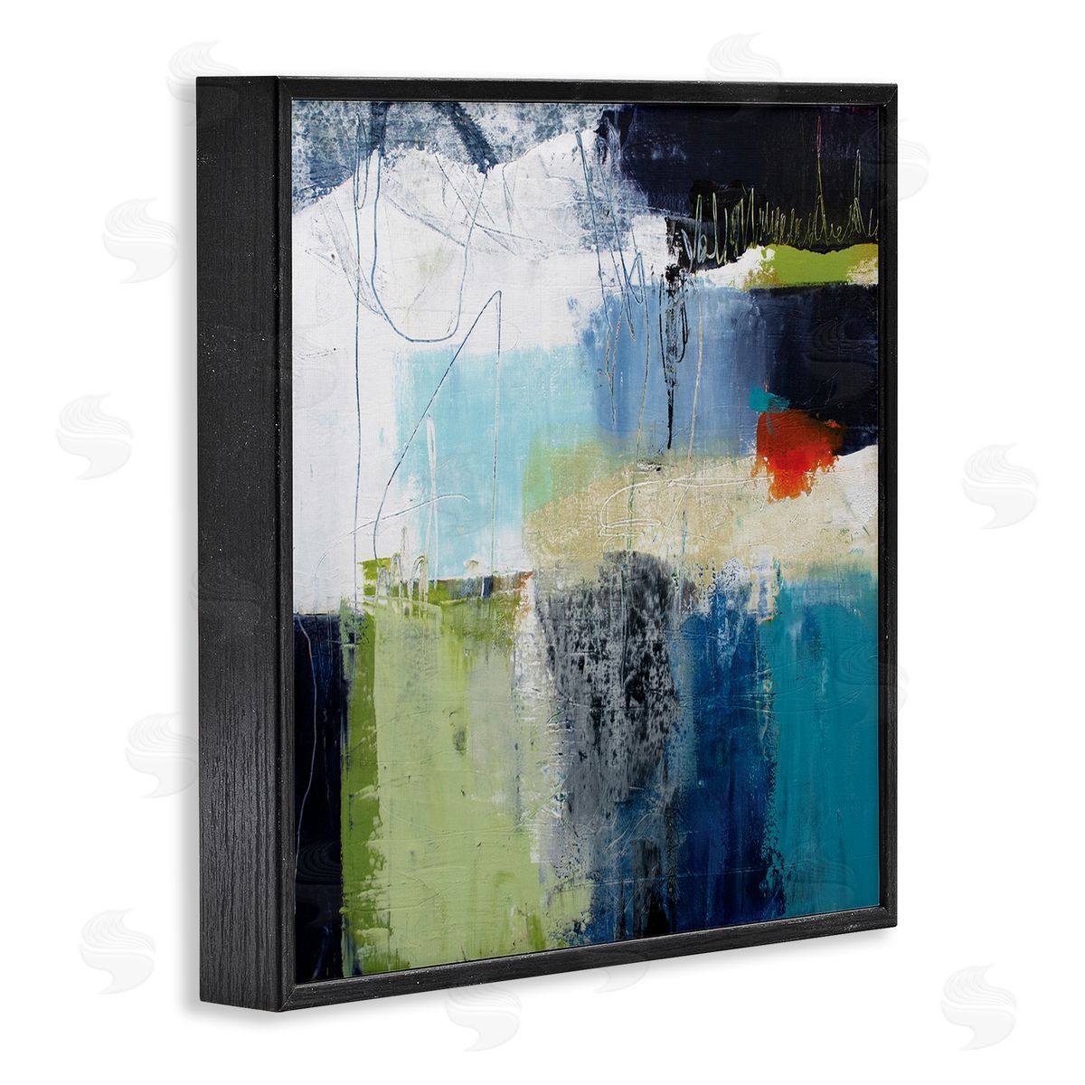 Pamela K. Beer Abstract Collage of Chaotic Shapes Blue Green Black Framed Glicee Wall Art Print
