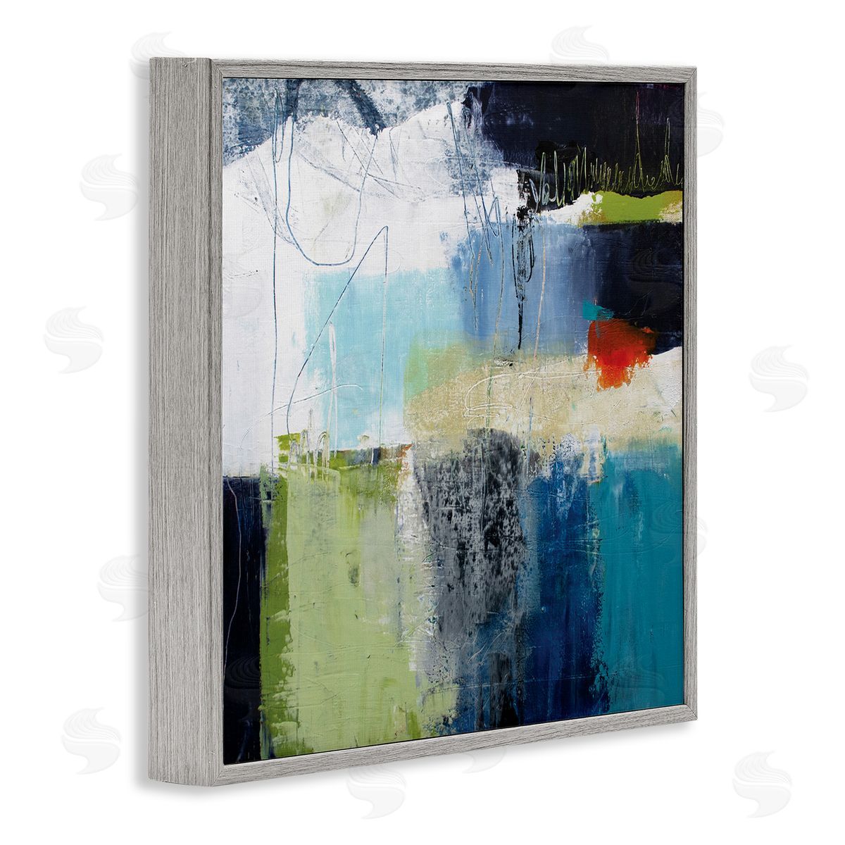 Pamela K. Beer Abstract Collage of Chaotic Shapes Blue Green Gray Framed Glicee Wall Art Print