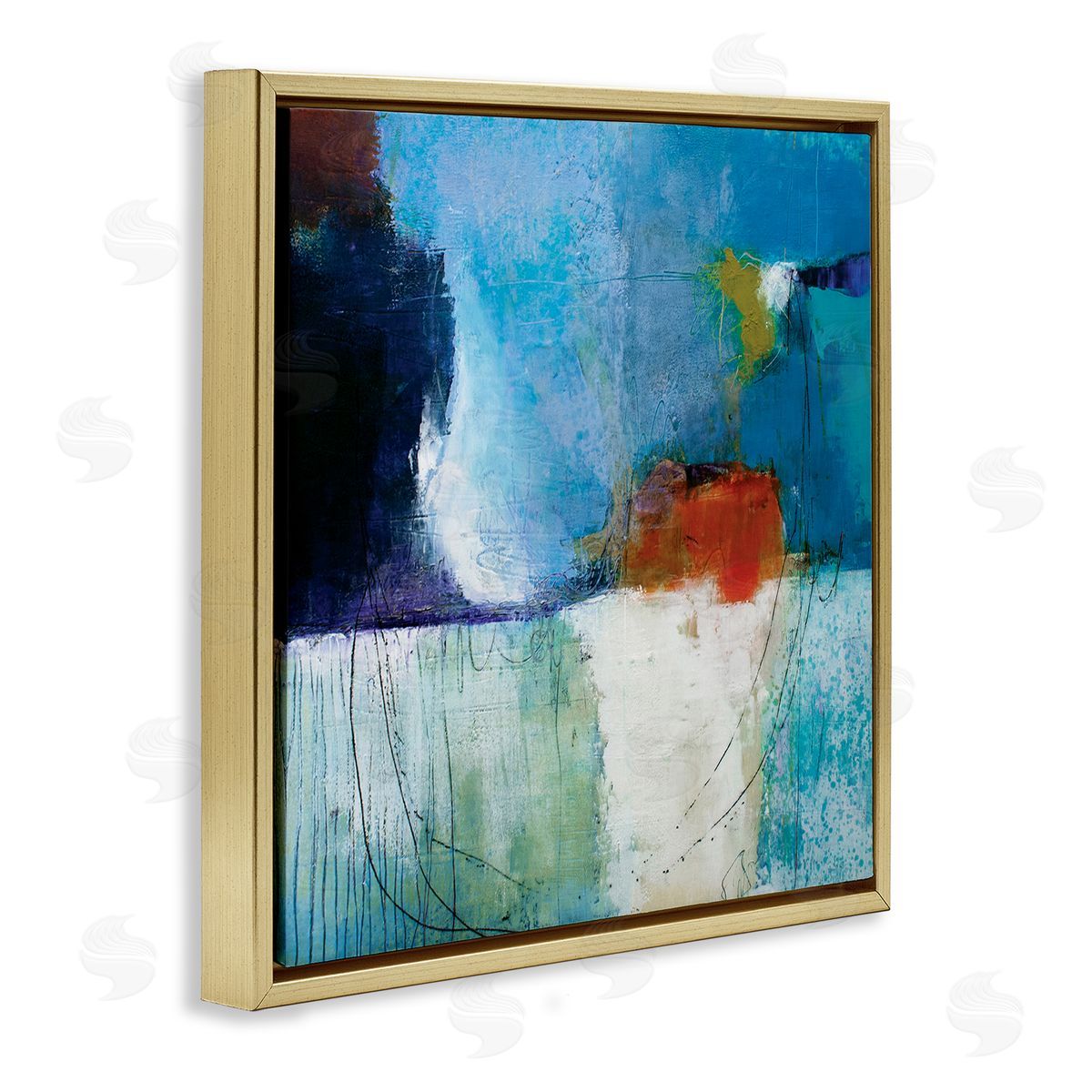 Pamela K. Beer Modern Paint Abstraction Blue Red White Blocks Gold Floating Frame Canvas Wall Art Print