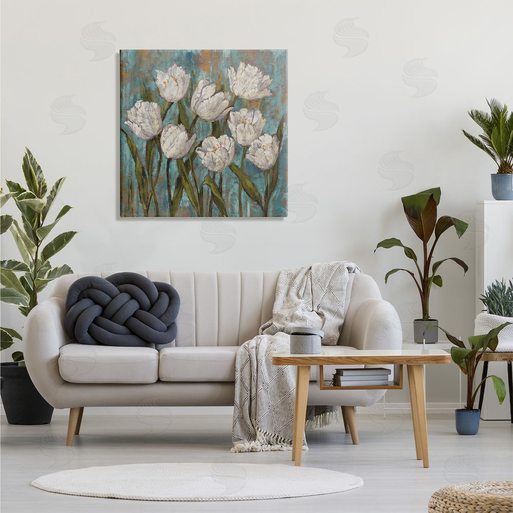 Brian Francis Vintage Country White Tulips over Distressed Soft Blue Canvas Wall Art in Room