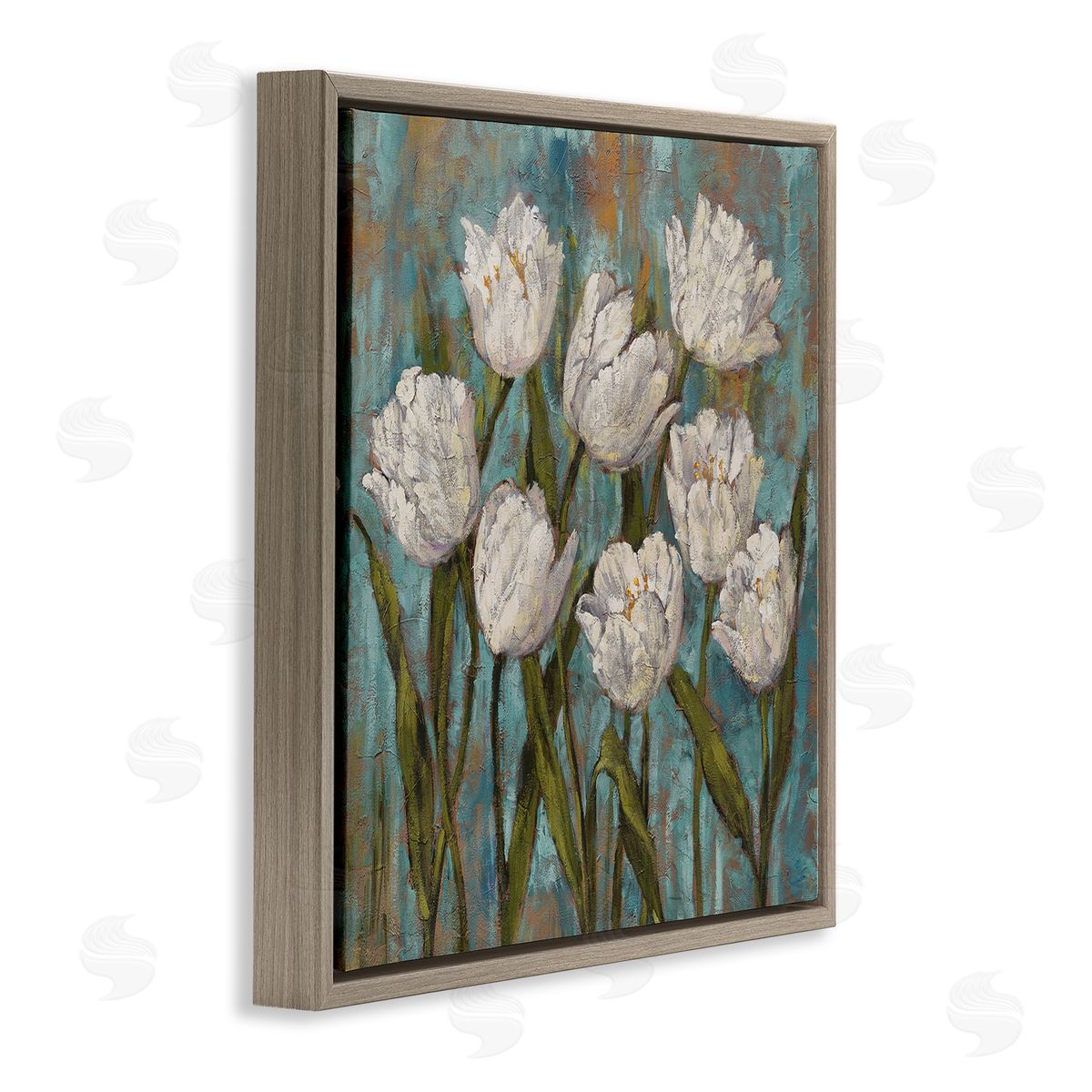 Brian Francis Vintage Country White Tulips over Distressed Soft Blue Brown Floating Frame Canvas Wall Art Print