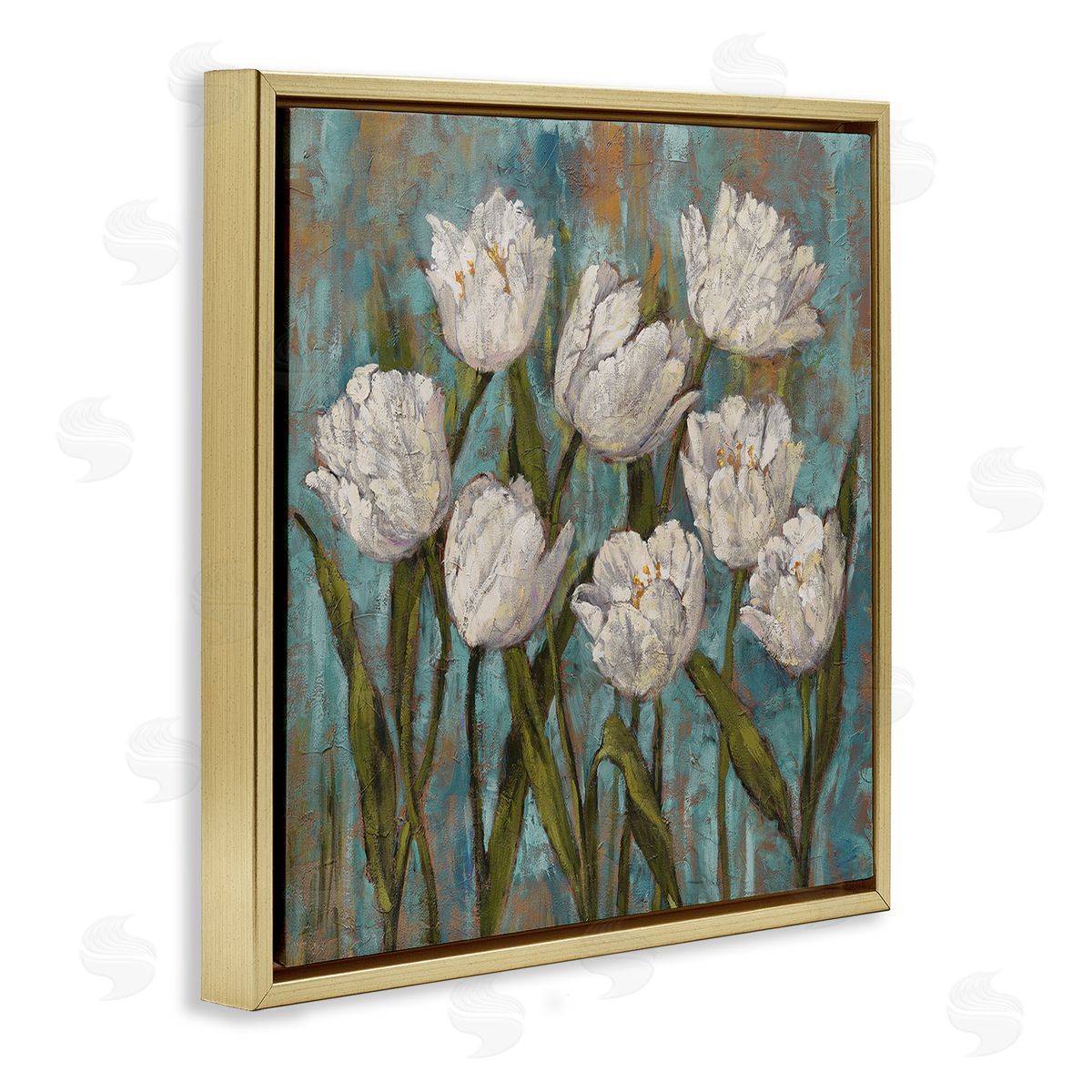 Brian Francis Vintage Country White Tulips over Distressed Soft Blue Gold Floating Frame Canvas Wall Art Print